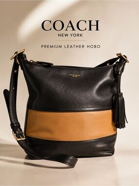 Coach Legacy Leather Colorblock Tassel Shoulder Crossbody Bag Black Tan Large